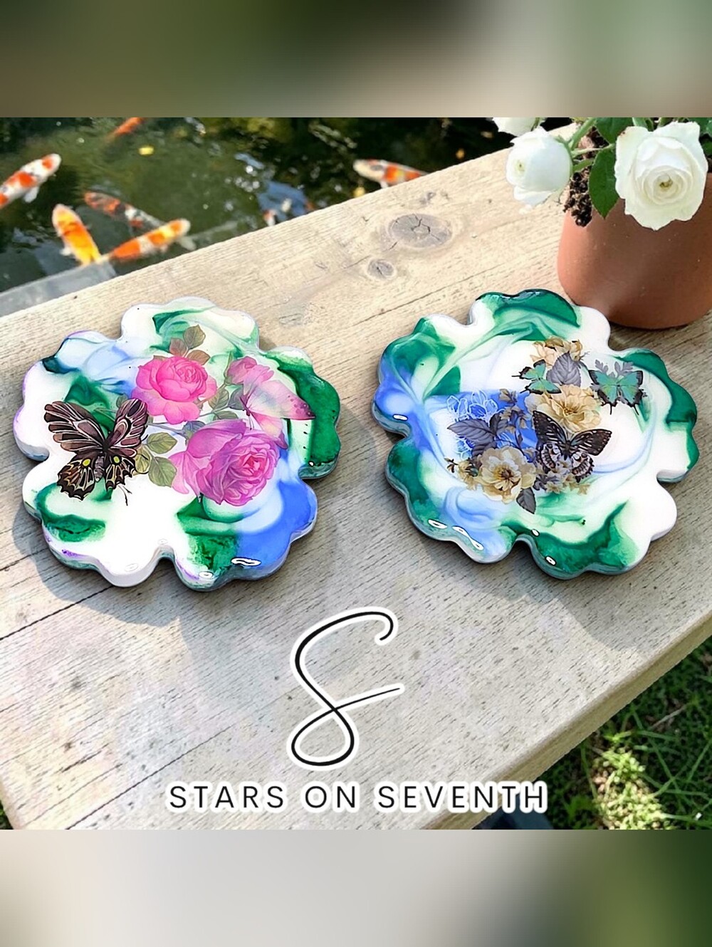 (2) 3-Inch Ceramic Resin Coasters l Floral Butterfly Garden